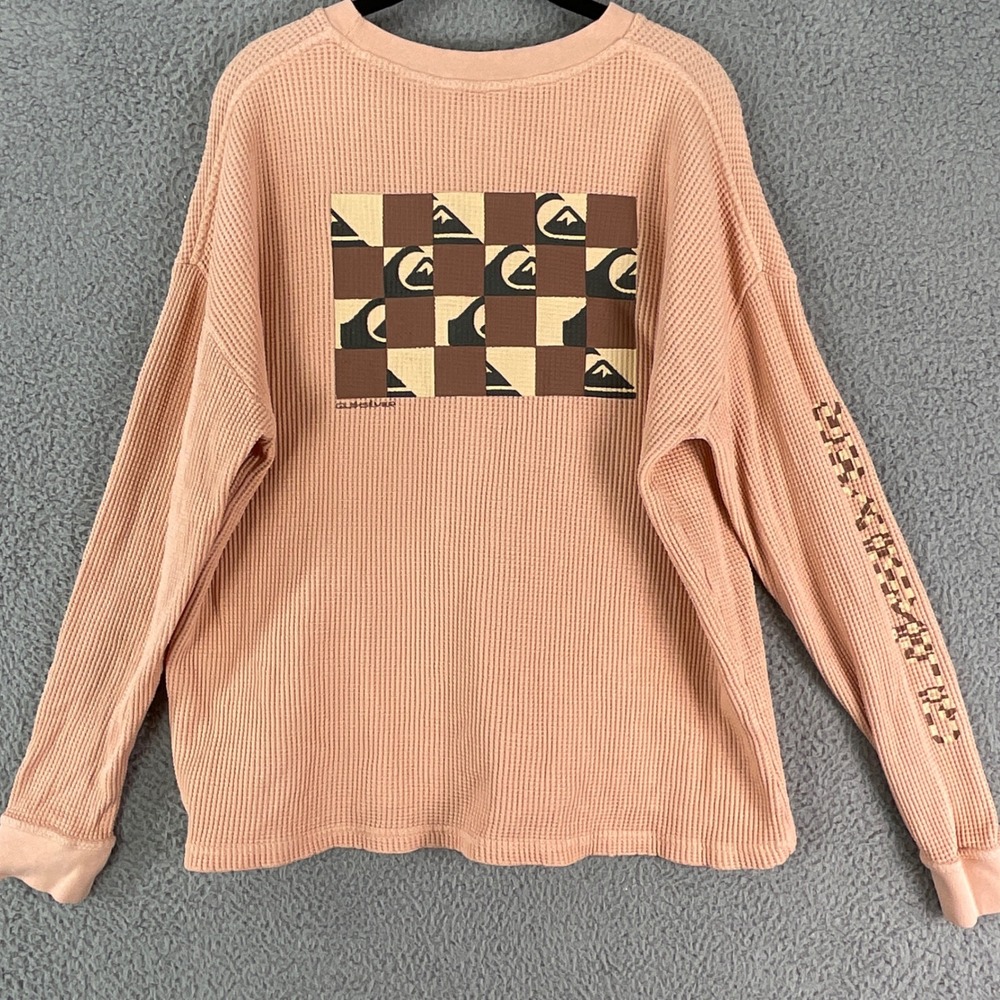 Quiksilver Thermal Shirt Mens Large Peach Waffle Knit Checkered Logo Long Sleeve